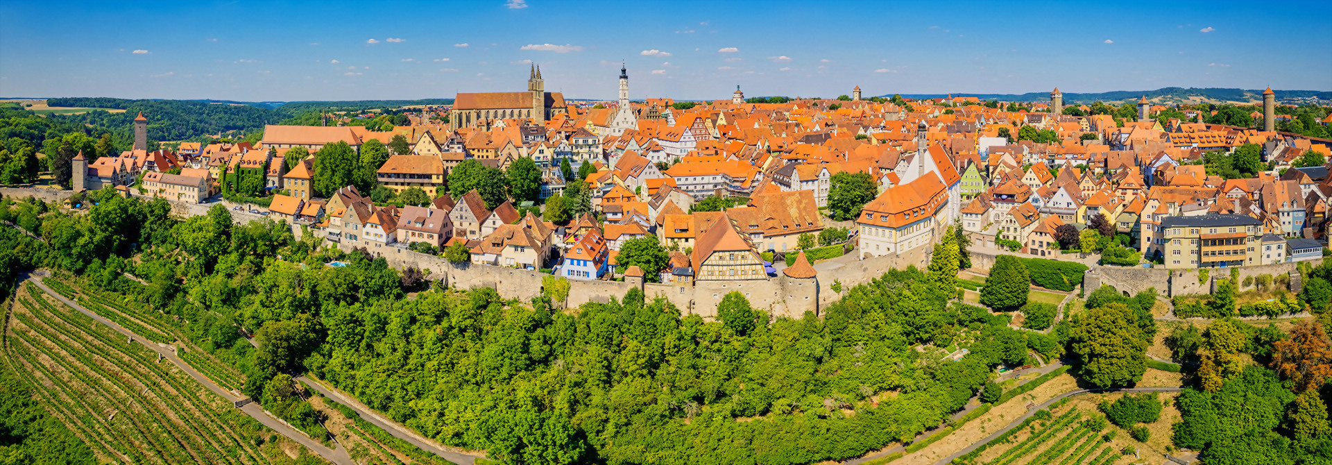 Panoramaaufnahme der historischen Altstadt von Rothenburg ob der Tauber mit Fachwerkhäusern, Stadtmauer und Kirchtürmen unter blauem Himmel.